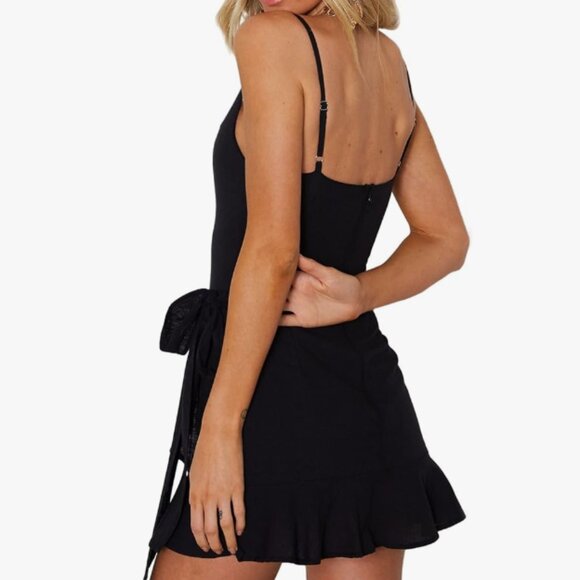 Women's Casual Ruffle Hem Solid Wrap Dress Spaghetti Strap Front Tie Knot Short - Picture 3 of 4